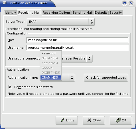 evolution mail secure config screenshot